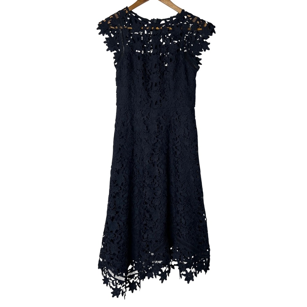 Eliza J Dress Size 2 Navy Blue Floral Lace Cap Sleeve‎ Midi Asymmetric Hem